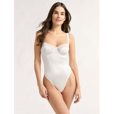 Joyspun Women's Bridal Satin Bodysuit with Lace Trim, Sizes S-XXXL