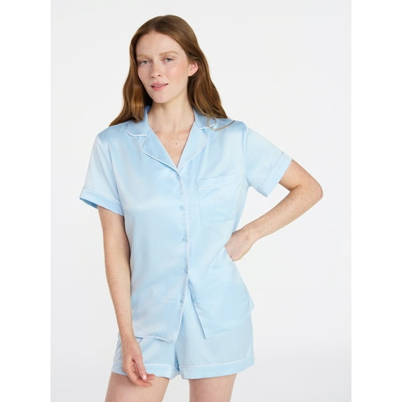 Joyspun Women’s Bridal Satin Short Sleeve Top and Shorts Pajama Set, Sizes XS-3X