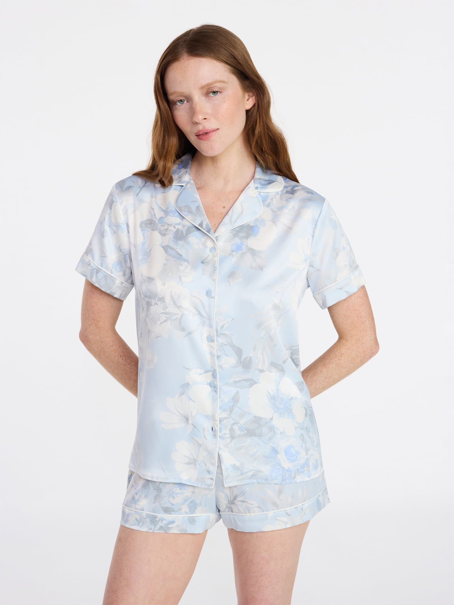 Joyspun Women’s Bridal Satin Short Sleeve Top and Shorts Pajama Set, Sizes XS-3X