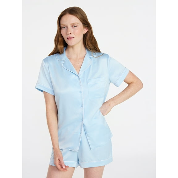 Joyspun Women’s Bridal Satin Short Sleeve Top and Shorts Pajama Set, Sizes XS-3X