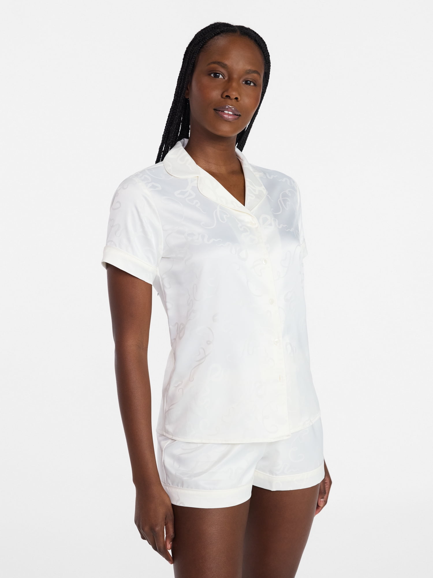 Joyspun Women’s Bridal Satin Short Sleeve Top and Shorts Pajama Set, Sizes XS-3X