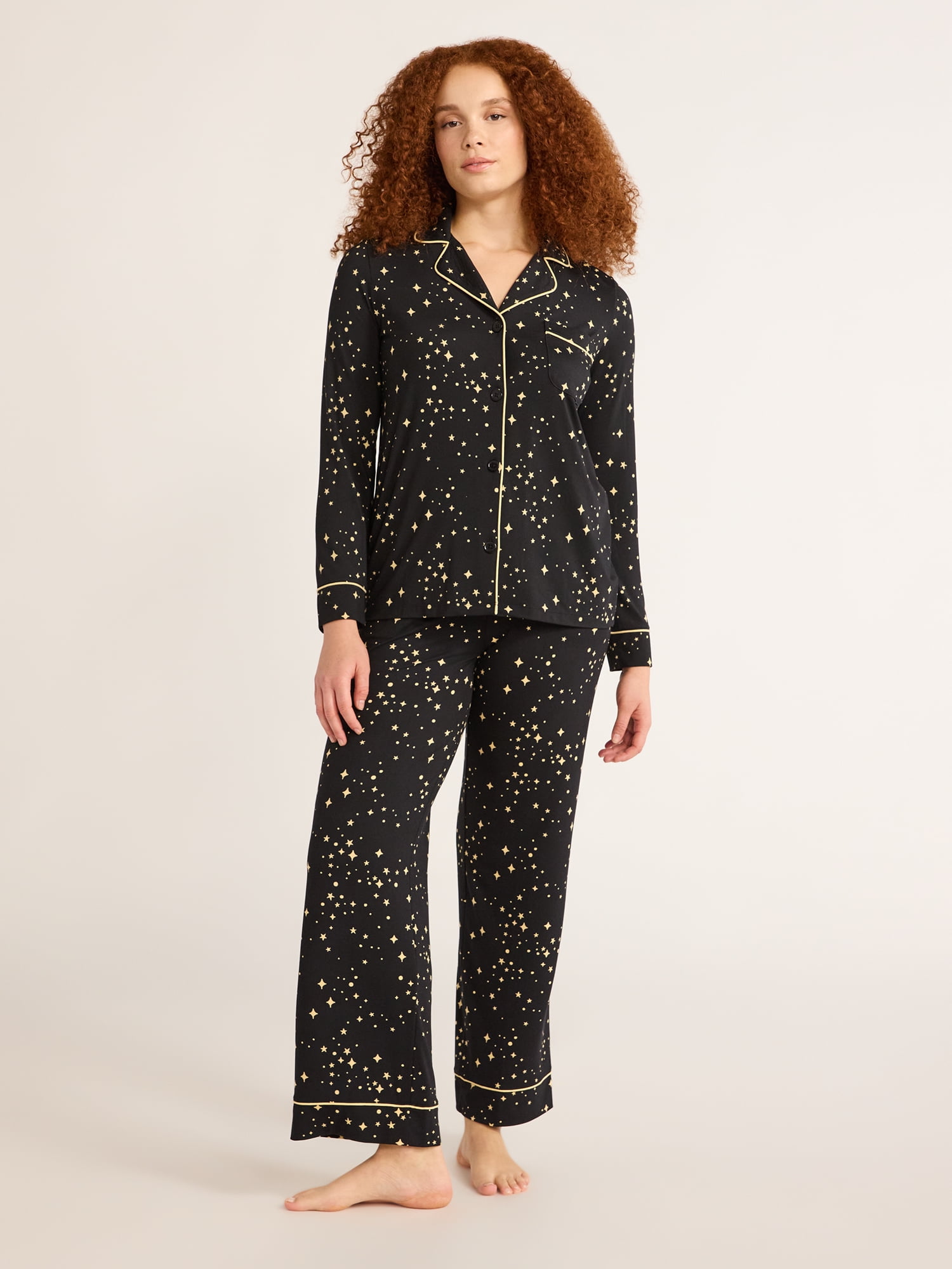 Joyspun Women's Cozy Jersey Notch Collar Top and Pants Pajama Set, 2