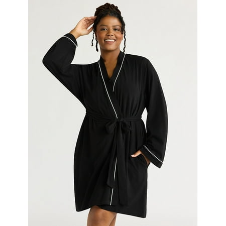 Joyspun Women's Cotton Blend Knit Wrap Robe, Sizes S to 3X