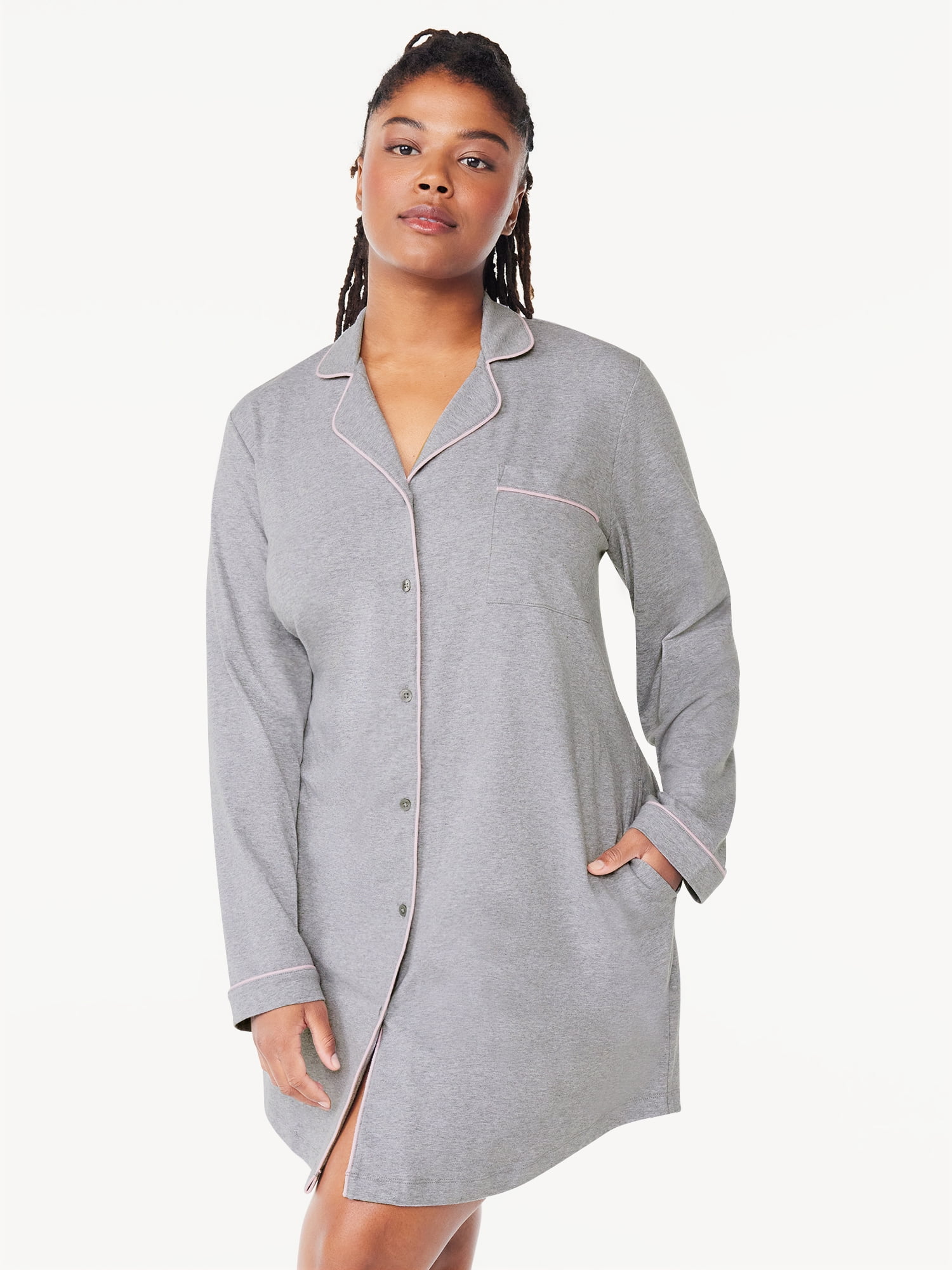 Joyspun women's Cotton Blend Long Sleeve Notch Collar