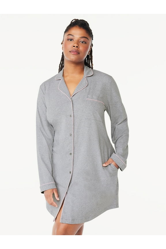 Women’s Cotton Blend Long Sleeve Notch Collar Sleepshirt, Sizes S to 4X