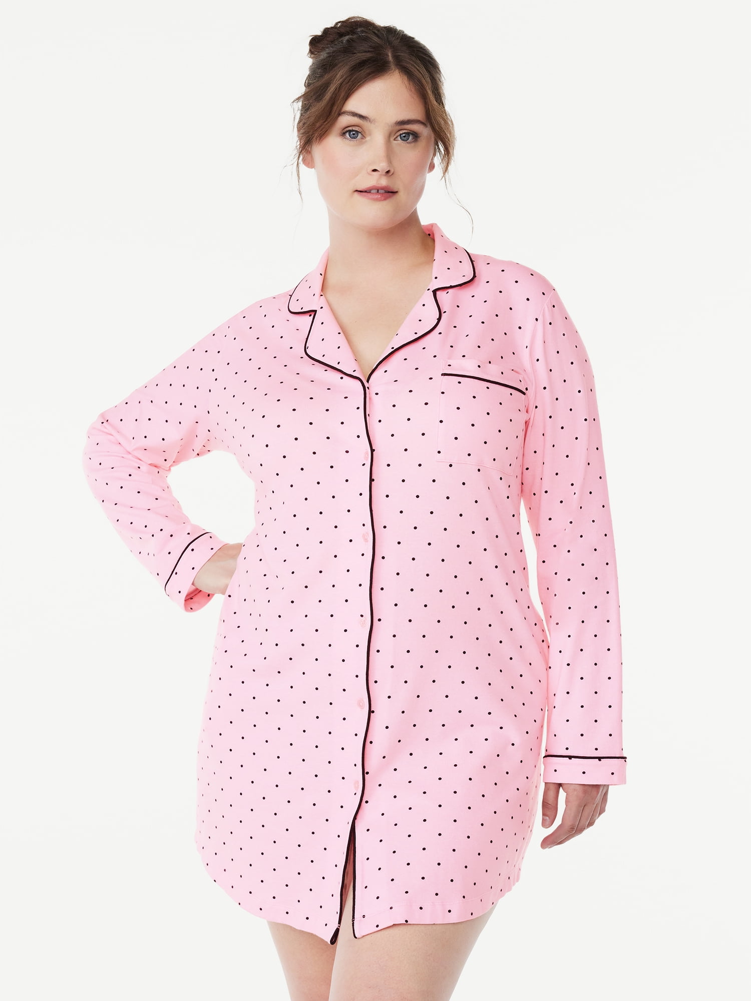 Joyspun Women’s Cotton Blend Long Sleeve Notch Collar Sleepshirt, Sizes S to 4X