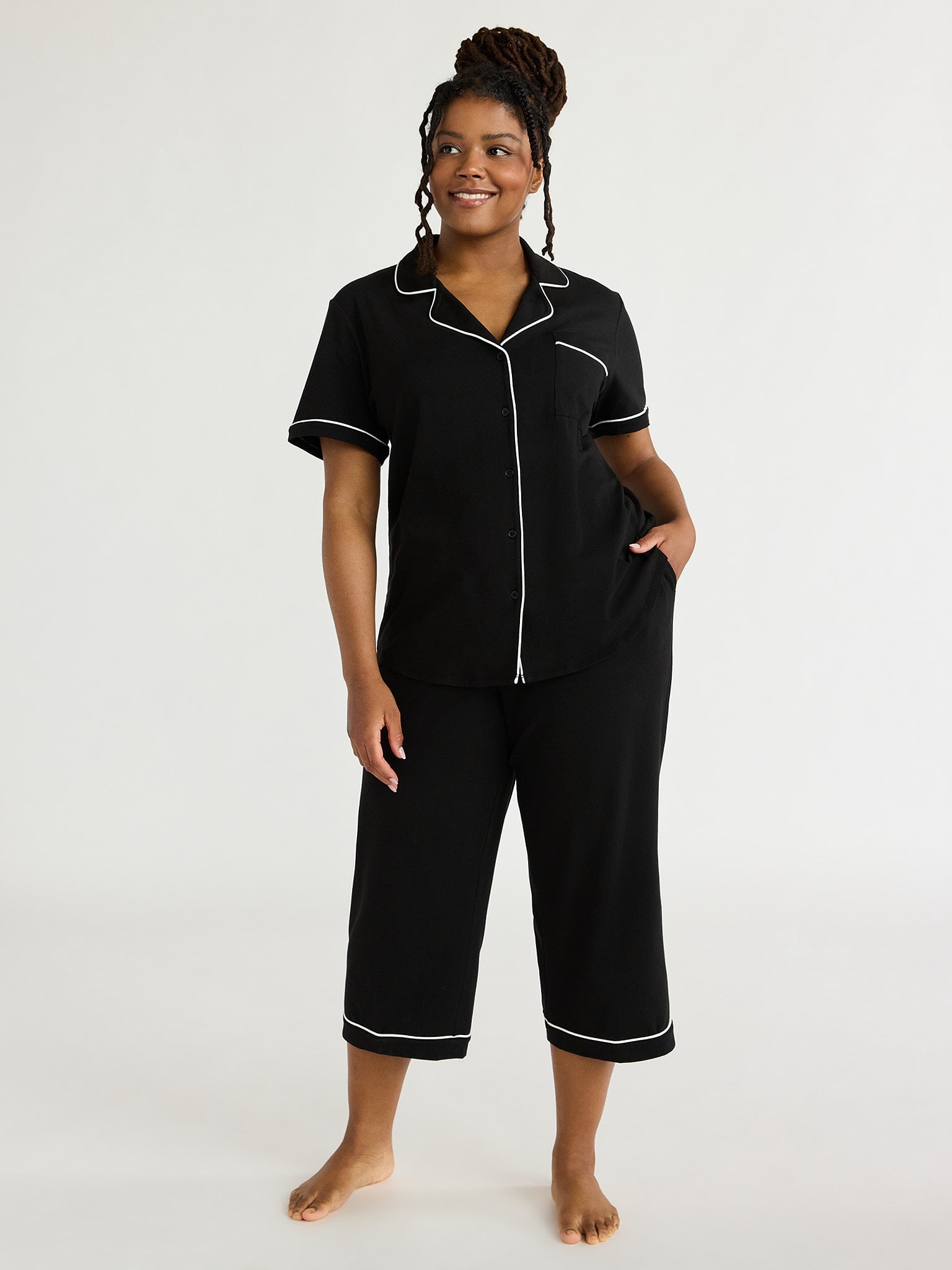 Joyspun women's Cotton Blend Notch Collar Pajama Set Capris