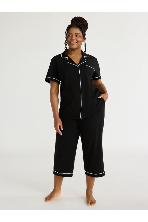 Women's Cotton Blend Notch Collar Top and Capri Pants Pajama Set, 2-Piece, Sizes S to 4X
