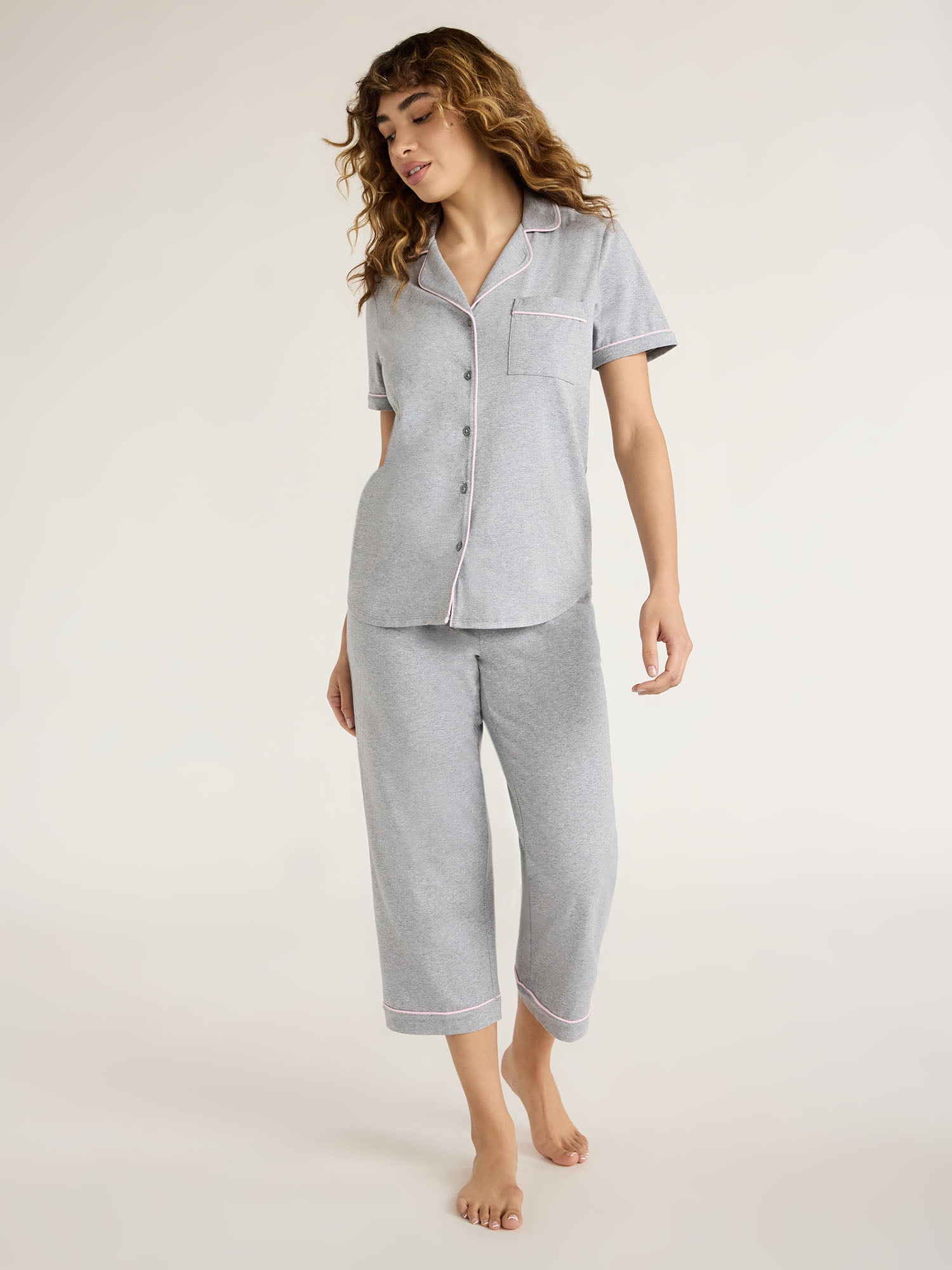 Joyspun Women's Cotton Blend Notch Collar Top and Capri