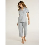 Joyspun Women's Cotton Blend Notch Collar Top and Capri Pants Pajama Set, 2-Piece, Sizes S to 4X