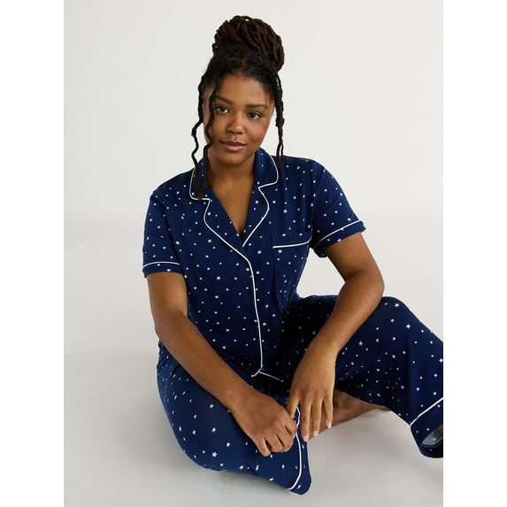 Joyspun Women's Cotton Blend Notch Collar Top and Capri Pants Pajama Set, 2-Piece, Sizes S to 4X