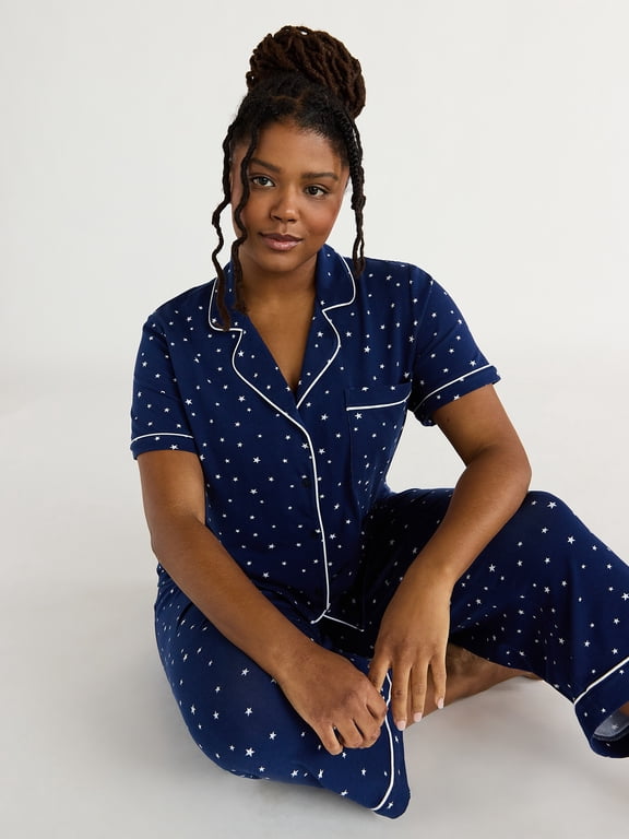 Women's Cotton Blend Notch Collar Top and Capri Pants Pajama Set, 2-Piece, Sizes S to 4X