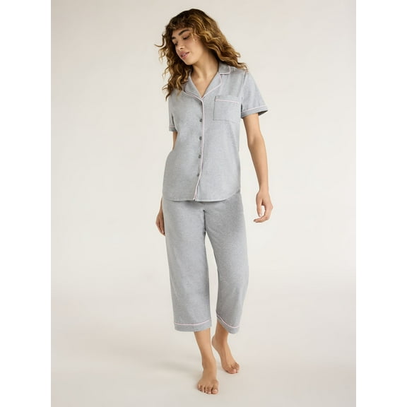 Joyspun Women's Cotton Blend Notch Collar Top and Capri Pants Pajama Set, 2-Piece, Sizes S to 4X