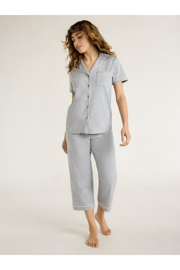 Women's Cotton Blend Notch Collar Top and Capri Pants Pajama Set, 2-Piece, Sizes S to 4X
