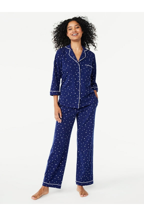 Women’s Cotton Blend Notch Collar Top and Pants Pajama Set, 2-Piece, Sizes S-4X