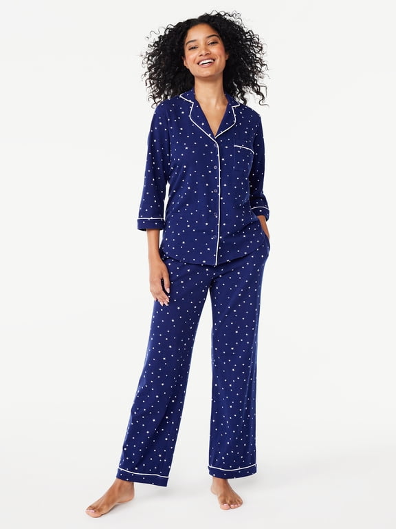 Women’s Cotton Blend Notch Collar Top and Pants Pajama Set, 2-Piece, Sizes S-4X