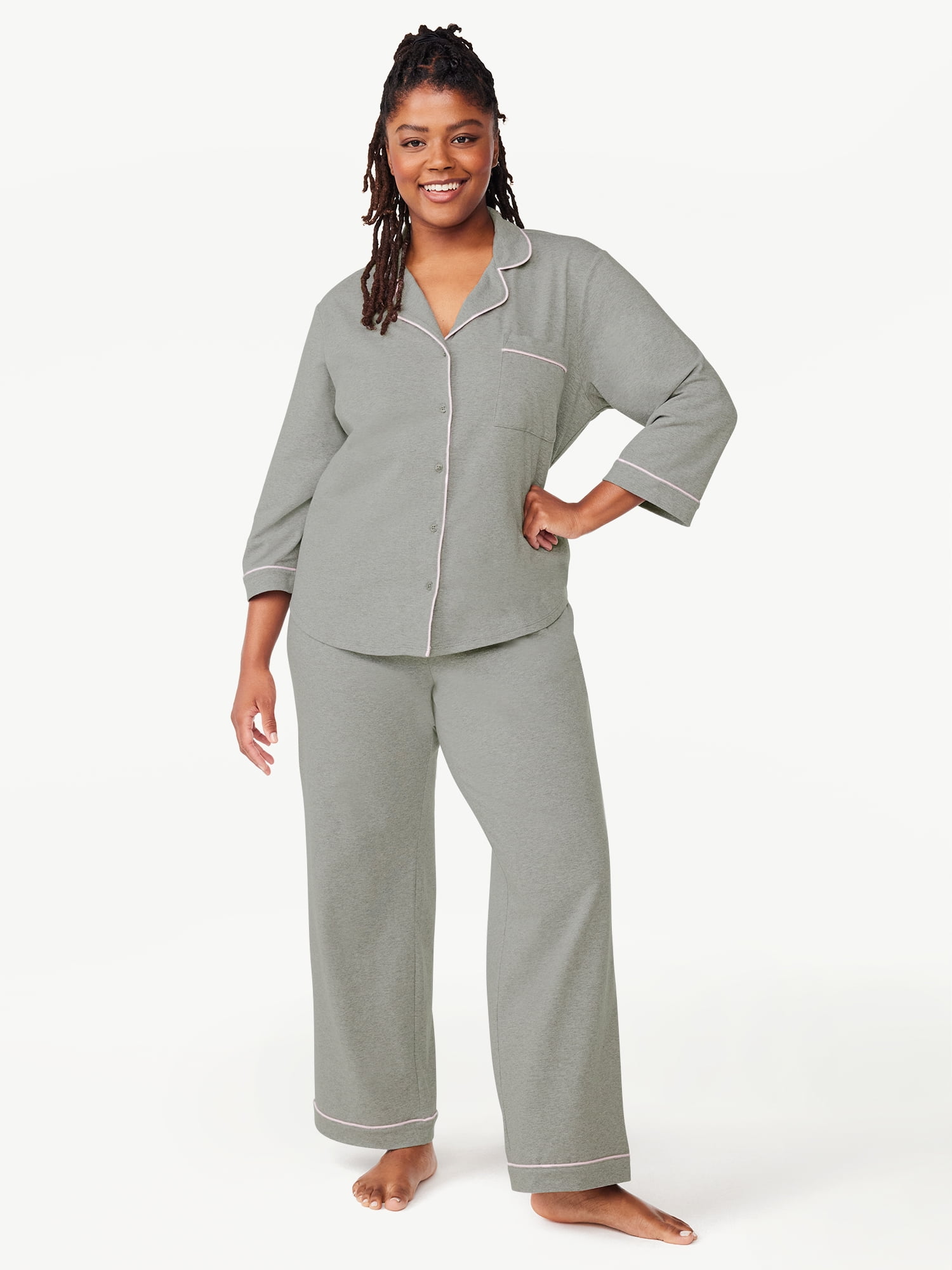 Joyspun Women's Cotton Blend Notch Collar Top and Pants