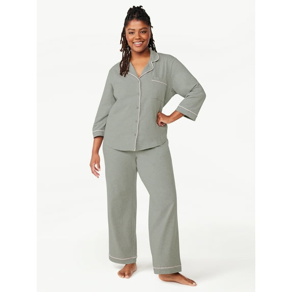 Joyspun Women’s Cotton Blend Notch Collar Top and Pants Pajama Set, 2-Piece, Sizes S-4X