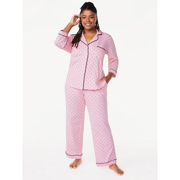 Joyspun Women’s Cotton Blend Notch Collar Top and Pants Pajama Set, 2-Piece, Sizes S-4X