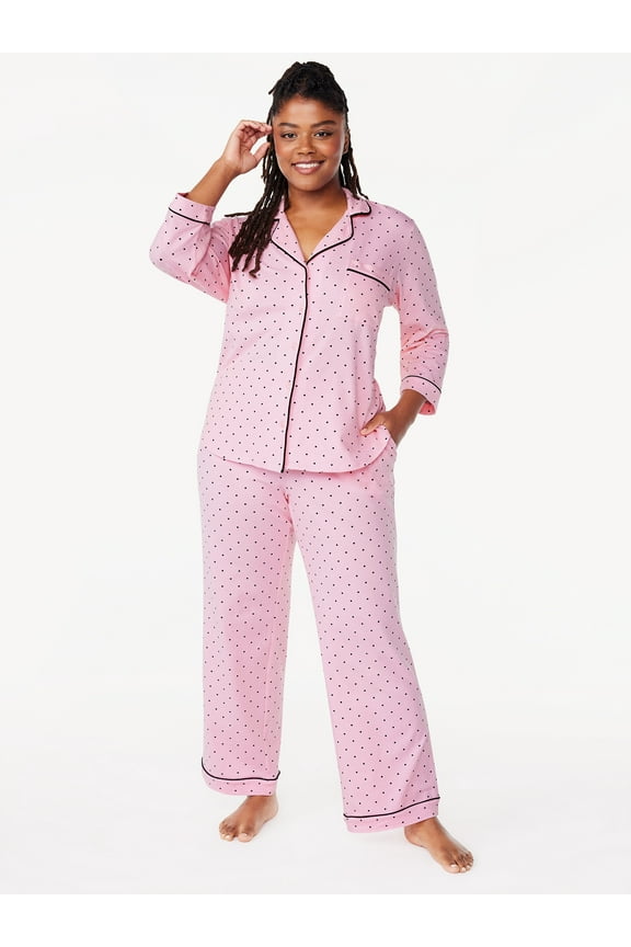 Women’s Cotton Blend Notch Collar Top and Pants Pajama Set, 2-Piece, Sizes S-4X