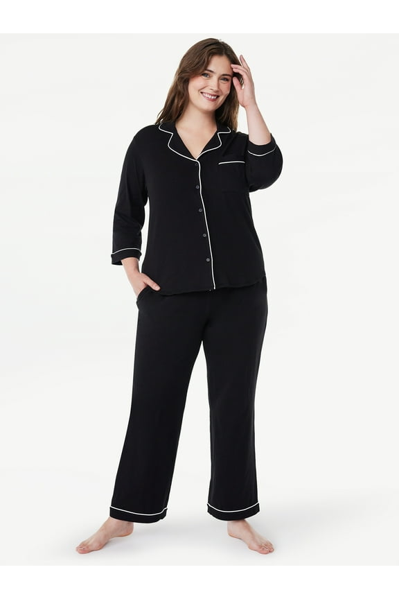 Women’s Cotton Blend Notch Collar Top and Pants Pajama Set, 2-Piece, Sizes S-4X