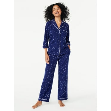 Joyspun Women’s Cotton Blend Notch Collar Top and Pants Pajama Set, 2-Piece, Sizes S-4X