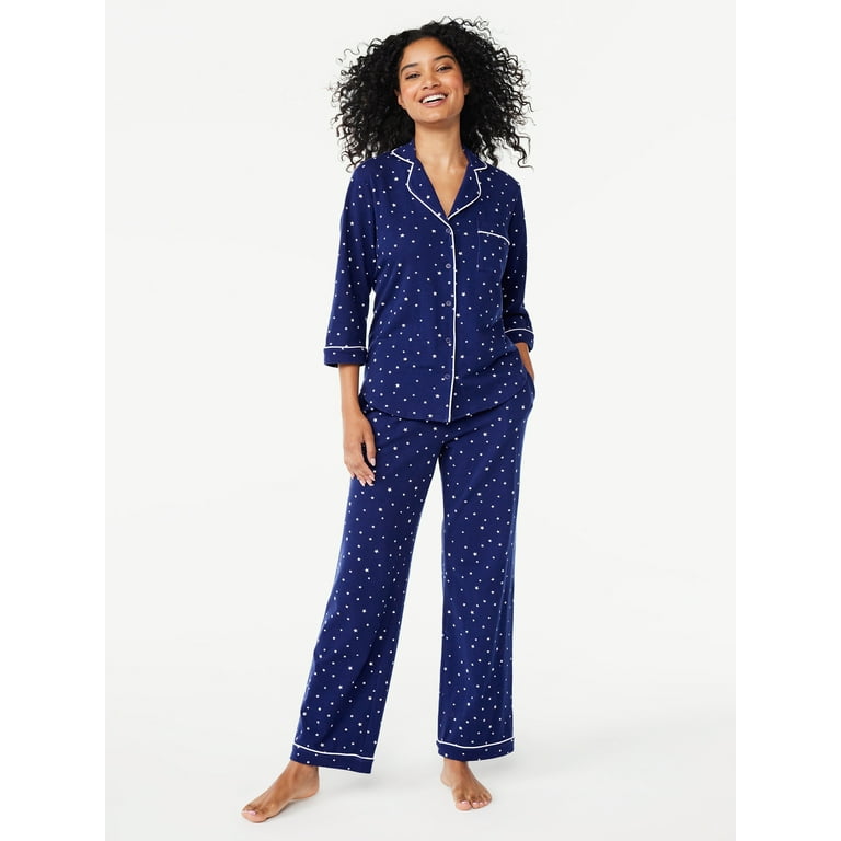 Joyspun Women s Cotton Blend Notch Collar Top and Pants Pajama Set 2 Piece Sizes S 4X Walmart