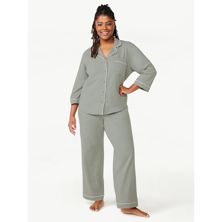 Joyspun Women’s Cotton Blend Notch Collar Top and Pants Pajama Set,  2-Piece, Sizes S to 4X