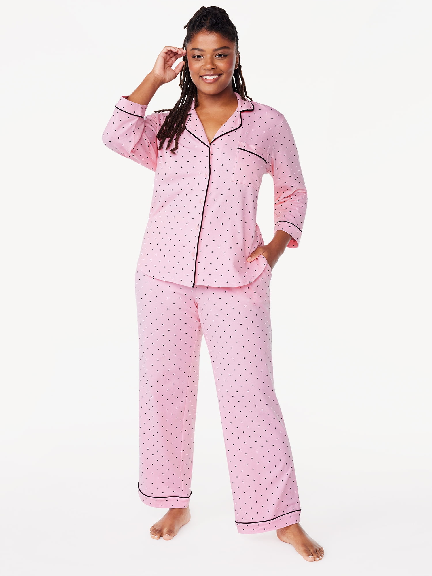 Joyspun Women's Cotton Blend Notch Collar Top and Pants Pajama Set