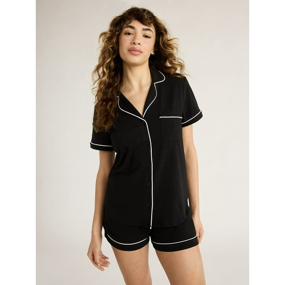 Joyspun Women's Cotton Blend Notch Collar Top and Shorts Pajama Set, 2-Piece, Sizes S to 4X