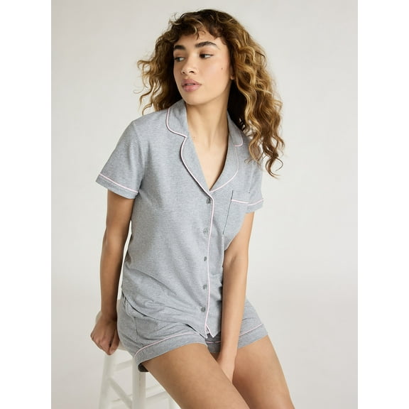 Joyspun Women's Cotton Blend Notch Collar Top and Shorts Pajama Set, 2-Piece, Sizes S to 4X