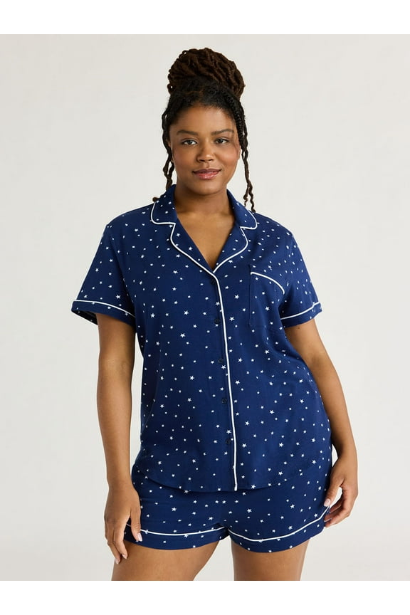 Women's Cotton Blend Notch Collar Top and Shorts Pajama Set, 2-Piece, Sizes S to 4X