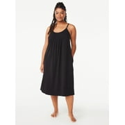 Joyspun Women’s Cotton Blend Pleated Neck Sleeveless Midi Nightgown, Sizes S to 5X