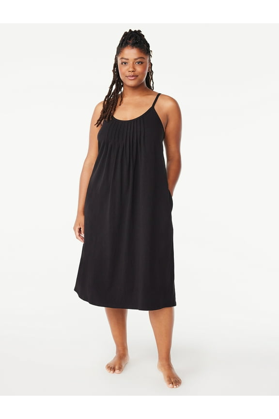 Women’s Cotton Blend Pleated Neck Sleeveless Midi Nightgown, Sizes S to 5X