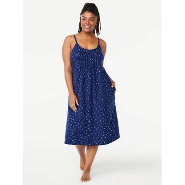 Joyspun Women’s Cotton Blend Pleated Neck Sleeveless Midi Nightgown, Sizes S to 5X