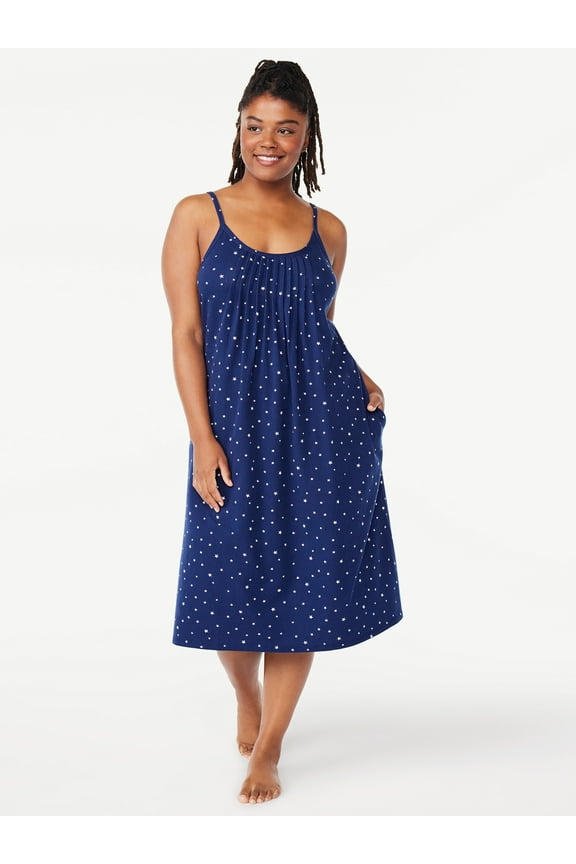 Women’s Cotton Blend Pleated Neck Sleeveless Midi Nightgown, Sizes S to 5X