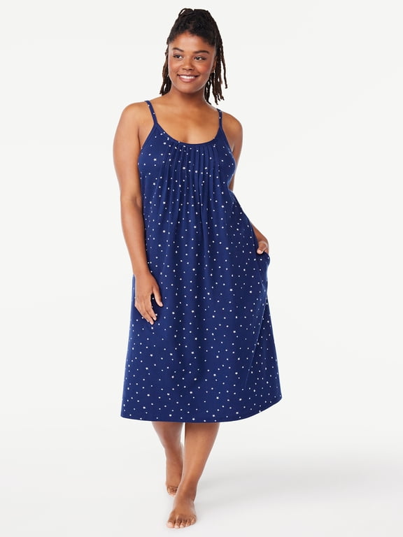 Women’s Cotton Blend Pleated Neck Sleeveless Midi Nightgown, Sizes S to 5X