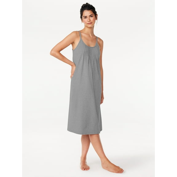 Joyspun Women’s Cotton Blend Pleated Neck Sleeveless Midi Nightgown, Sizes S to 5X