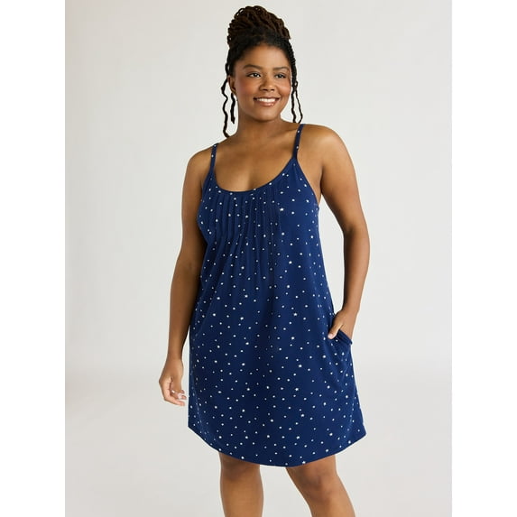 Joyspun Women's Cotton Blend Pleated Sleep Chemise with Pockets, Sizes S to 3X
