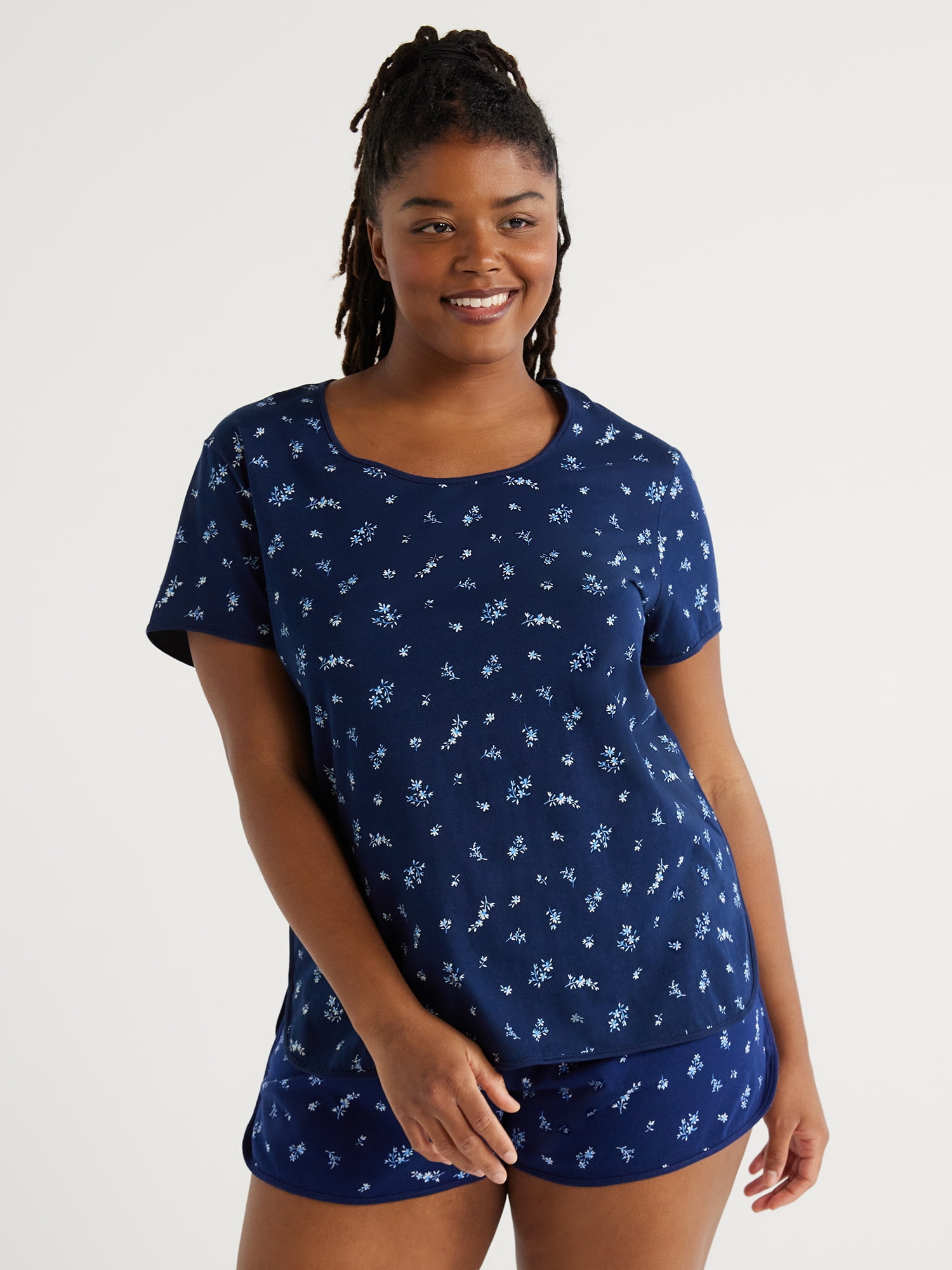 Joyspun Women's Cotton Blend T-Shirt and Shorts Pajama Set, 2