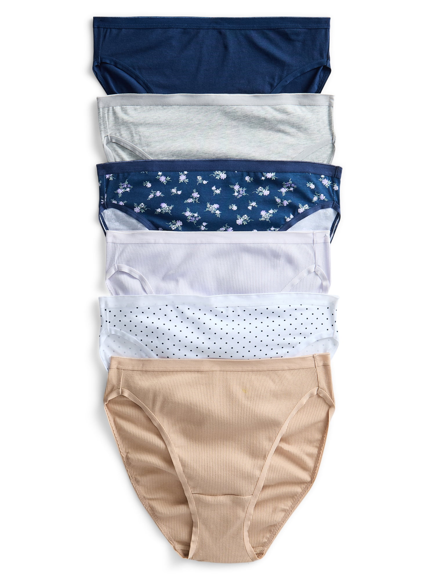Joyspun Women's Cotton-Blend Hi-Cut Bikini Panties, 6-Pack, Sizes S-XXXL