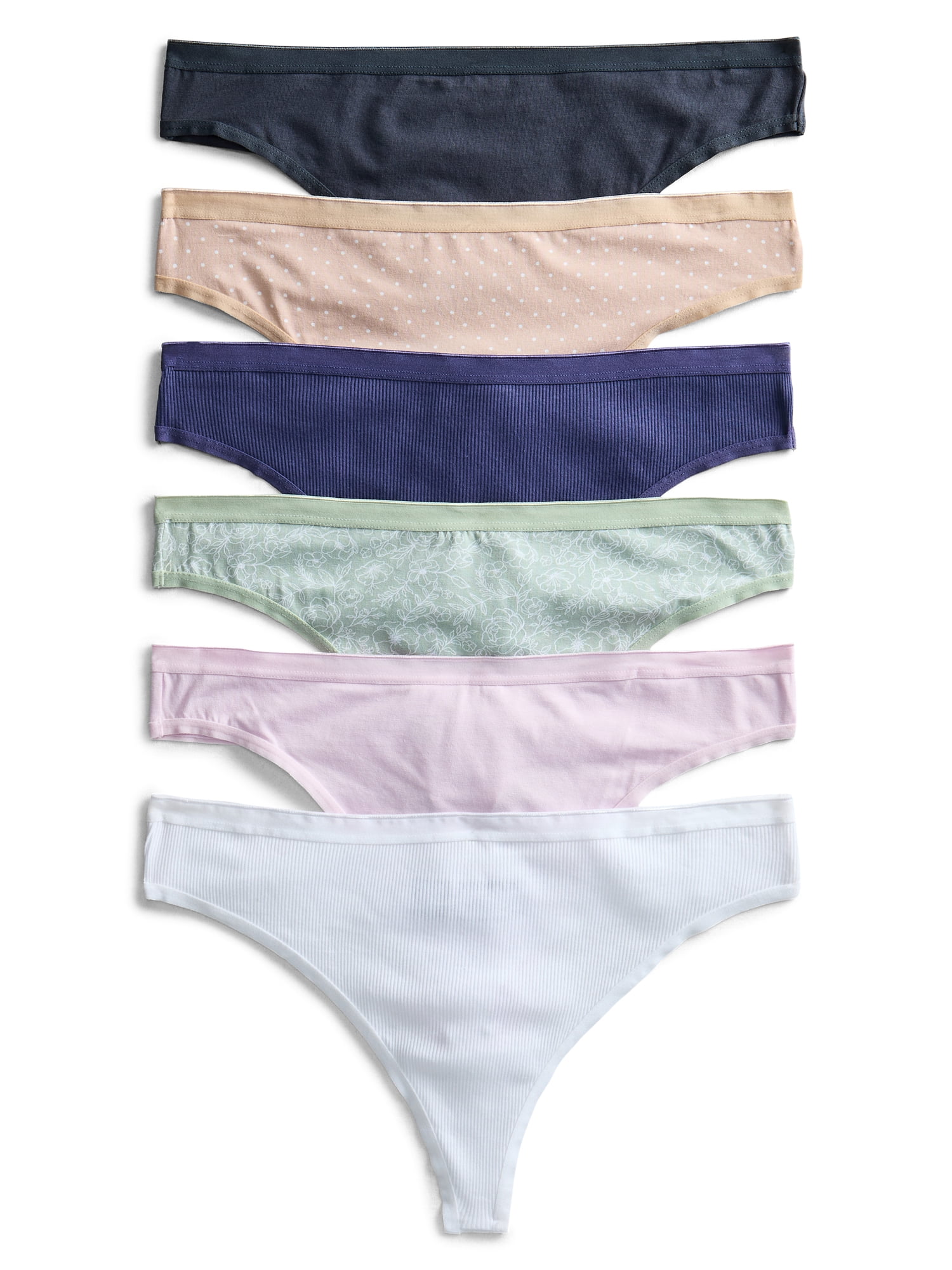 Joyspun Women's Cotton-Blend Thong Panties, 6-Pack, Sizes S-XXXL