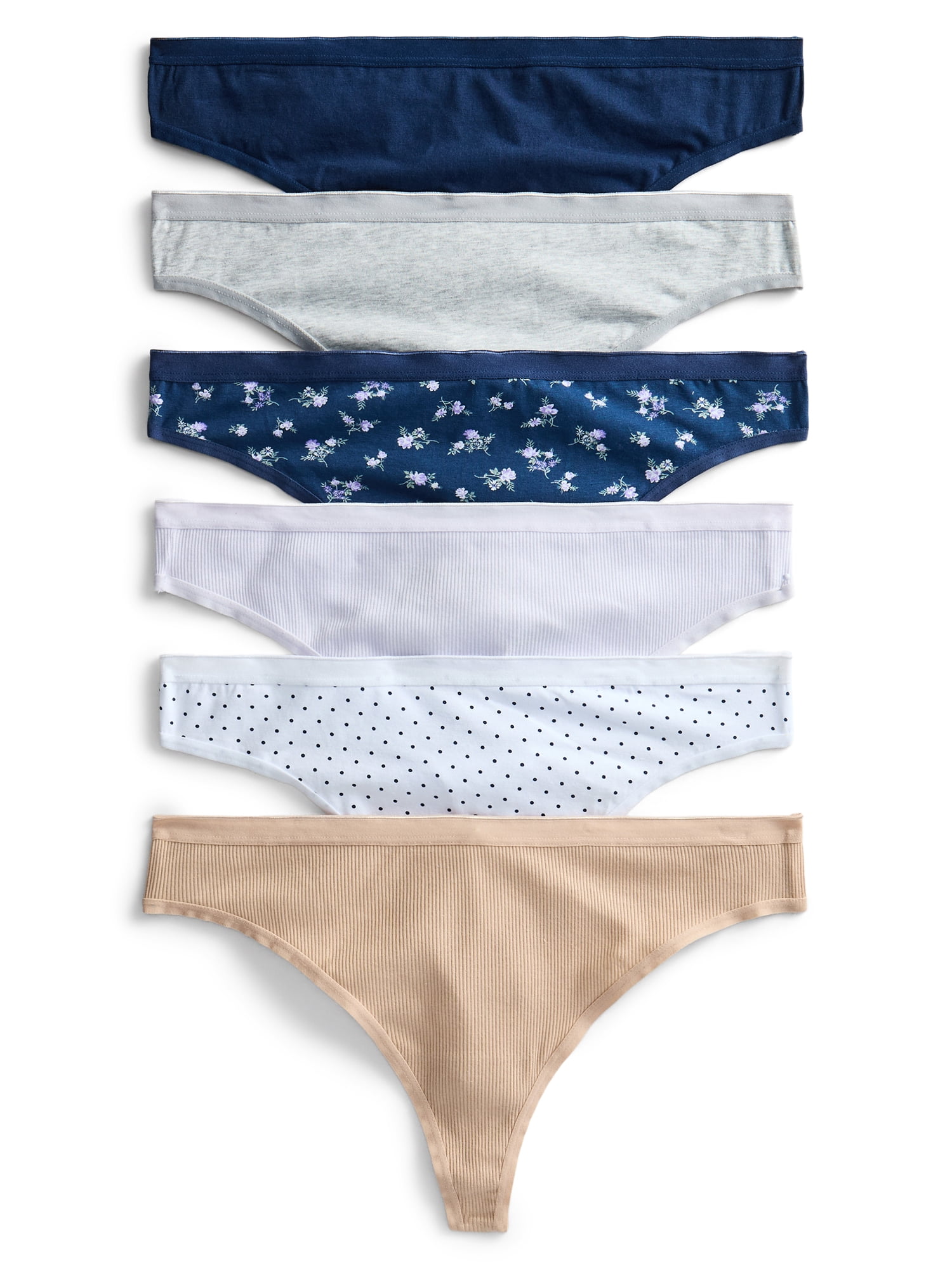 Joyspun Women's Cotton-Blend Thong Panties, 6-Pack, Sizes S-XXXL