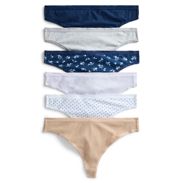 Joyspun Women's Cotton-Blend Thong Panties, 6-Pack, Sizes S-XXXL