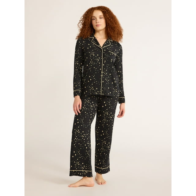 Joyspun Women's Cozy Jersey Notch Collar Top and Pants Pajama Set, 2-Piece, Sizes XS-4X