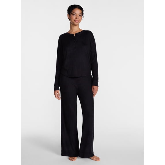 Joyspun Women's Cozy Lounge Collection Hacci Henley Top and Pants, 2-Piece Pajama Set, Sizes XS-3X