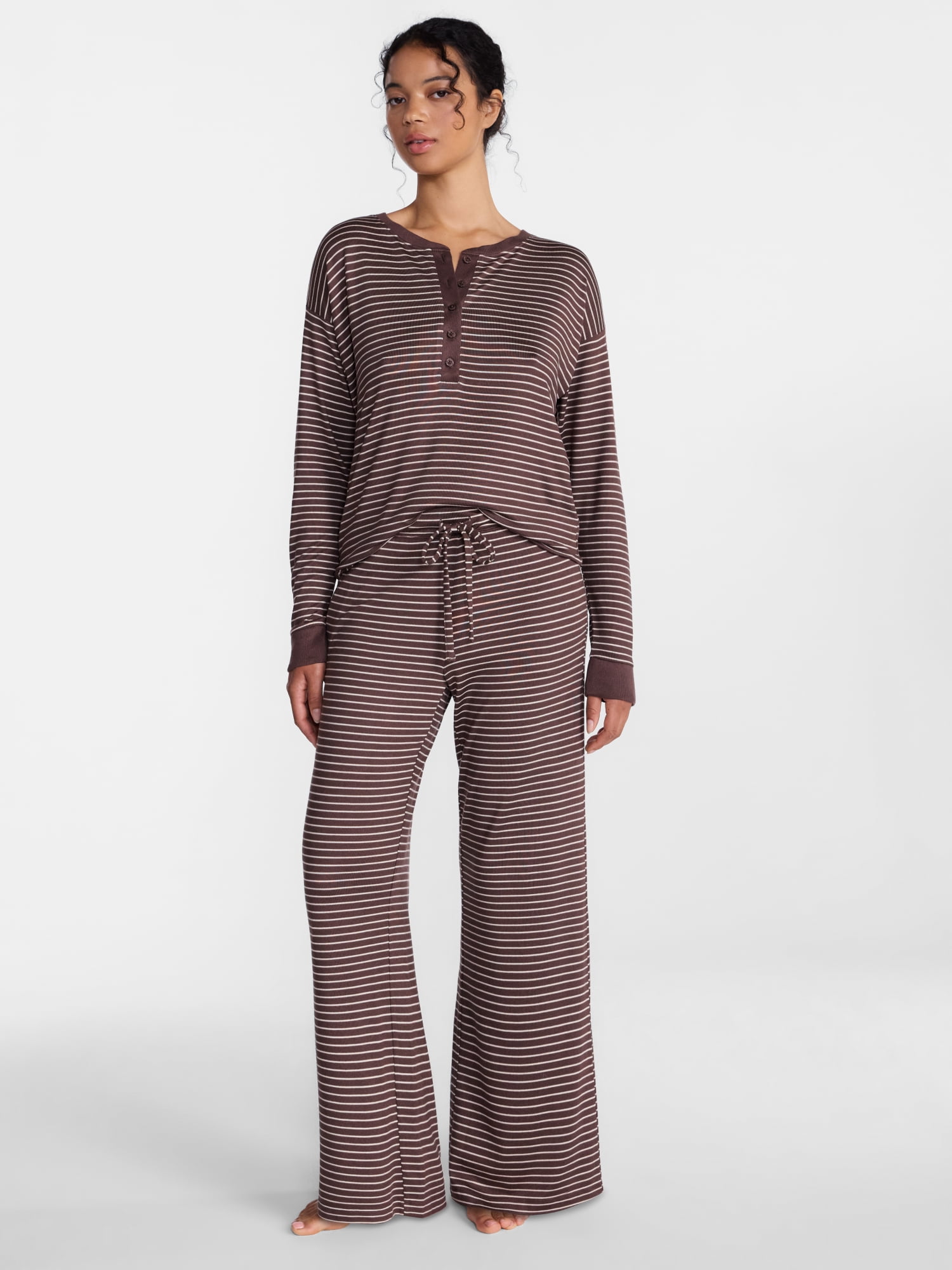 Joyspun Women's Cozy Lounge Collection Hacci Henley Top and Pants, 2-Piece Pajama Set, Sizes XS-3X
