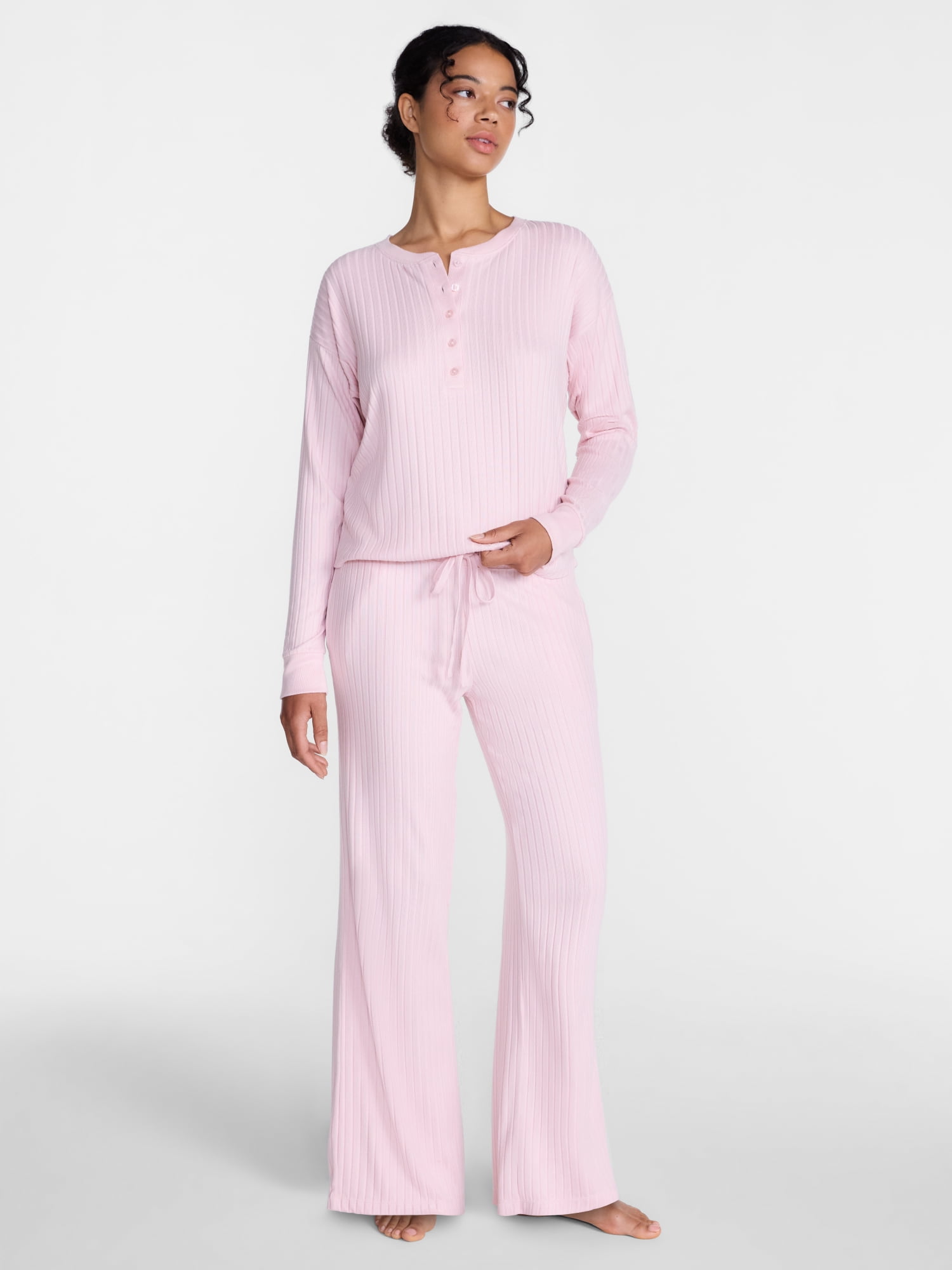 Joyspun Women's Cozy Lounge Collection Hacci Henley Top and Pants, 2-Piece Pajama Set, Sizes XS-3X