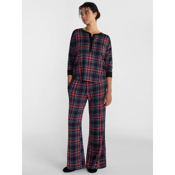 Joyspun Women's Cozy Lounge Collection Hacci Henley Top and Pants, 2-Piece Pajama Set, Sizes XS-3X
