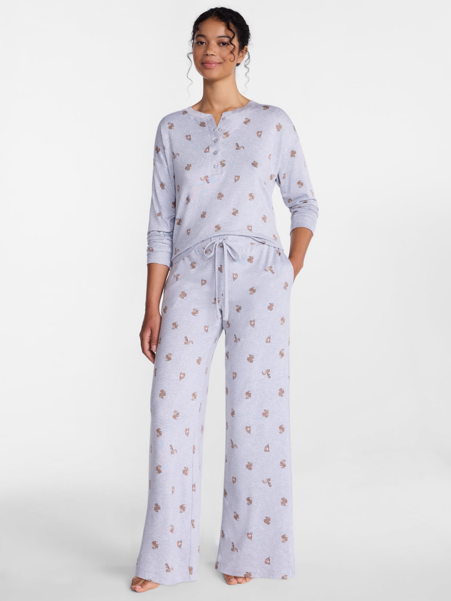 Joyspun Women's Cozy Lounge Collection Hacci Henley Top and Pants, 2-Piece Pajama Set, Sizes XS-3X